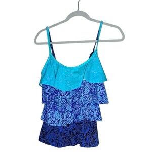 MIRACLESUIT Blue Ruffled Tiered Tankini TOP Swimsuit Swimwear 10 Ocean Slim